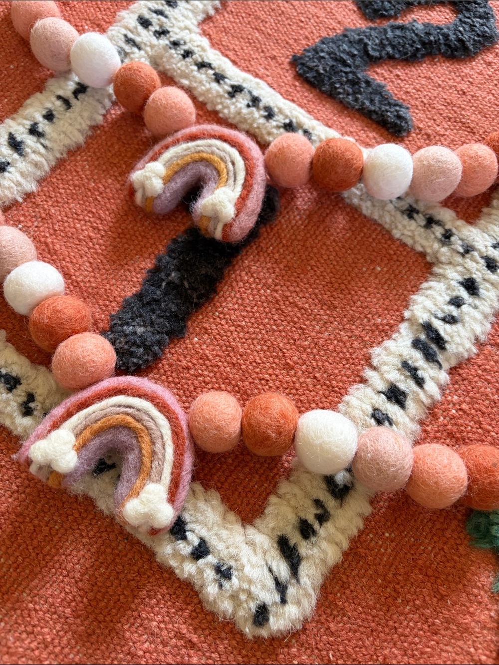 Kids Felt Bead curtain tie backs with Pink Rainbow Accents